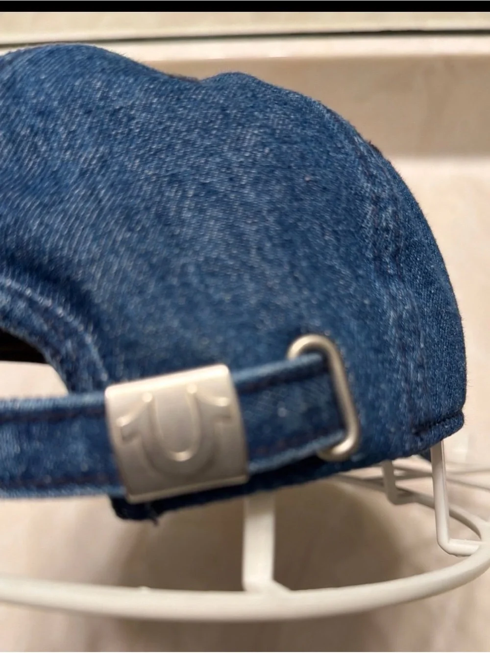 True Religion Blue Denim Baseball Cap with Embroidered Buddha Guitar